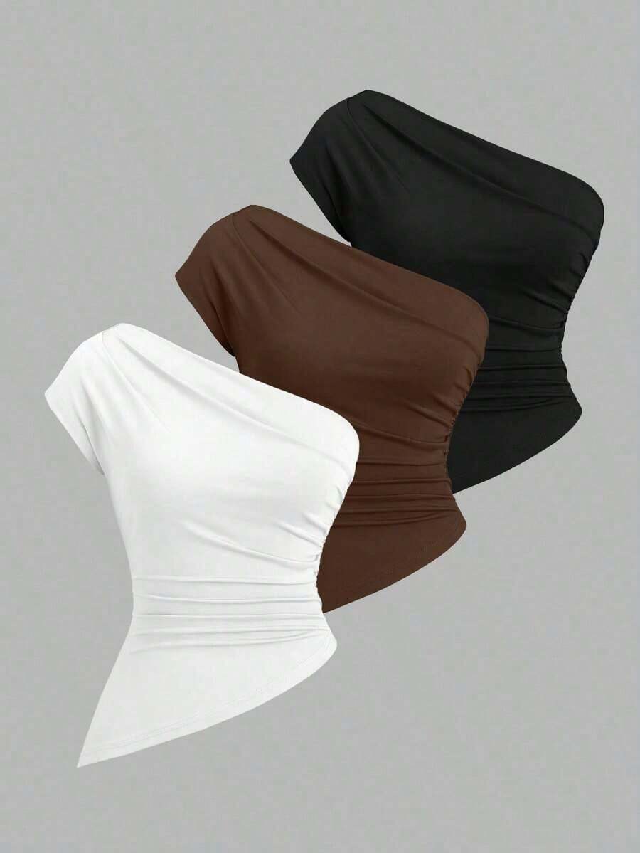 Sweetro Conjunto de top asimétrico con hombro fruncido elegante para mujer - Multicolor 6 - Ver 1
