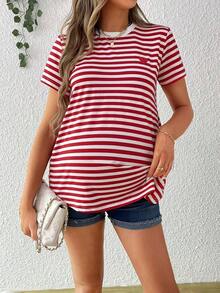 Camiseta De Maternidad De Cuello Redondo A Rayas De Manga Corta Para Verano - Rojo - Ver 7