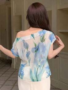 Blusa holgada con estampado floral en toda la prenda, para Año Nuevo, Vacaciones de verano, Salidas de mujeres, Pascua, Estilo bohemio - Azul - Ver 3