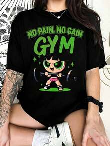 Powerpuff Girls Buttercup No Pain No Gain Gym Graphic T-Shirt, Retro T-Shirt For Cartoon Fans - Black - View 6