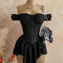 WYWH Women's Romantic Vacation Dress, Red Jacquard Texture Ruched Waist Splice Ruffle Strap Shoulder Strap Multi-Layer Ruffle Hem A-Line Chiffon Mini Dress, Casual, Date, Valentine's Day, Afternoon Tea, Beach, Cruise, City Vacation, Music Festival, Party, Boho, Hippie, Western, Daily Commute, Valentine's Day Red Dress,Summer Dresses For Women,Music Festival Outfits, Everyday Outfits, Wedding Season Outfits, Party Outfits, Carnival Outfits, Island Vacation Outfits. Black Corset Tops For Wom - Negro - Ver 1