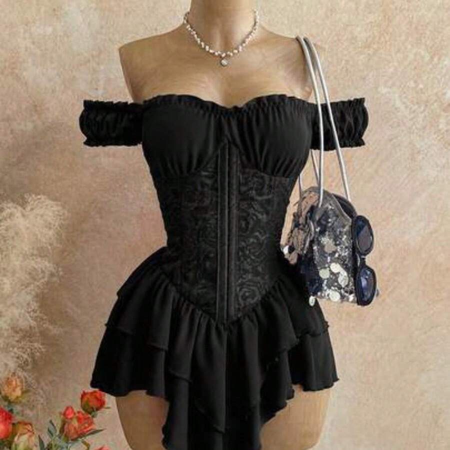WYWH Women's Romantic Vacation Dress, Red Jacquard Texture Ruched Waist Splice Ruffle Strap Shoulder Strap Multi-Layer Ruffle Hem A-Line Chiffon Mini Dress, Casual, Date, Valentine's Day, Afternoon Tea, Beach, Cruise, City Vacation, Music Festival, Party, Boho, Hippie, Western, Daily Commute, Valentine's Day Red Dress,Summer Dresses For Women,Music Festival Outfits, Everyday Outfits, Wedding Season Outfits, Party Outfits, Carnival Outfits, Island Vacation Outfits. Black Corset Tops For Wom - Negro - Ver 1