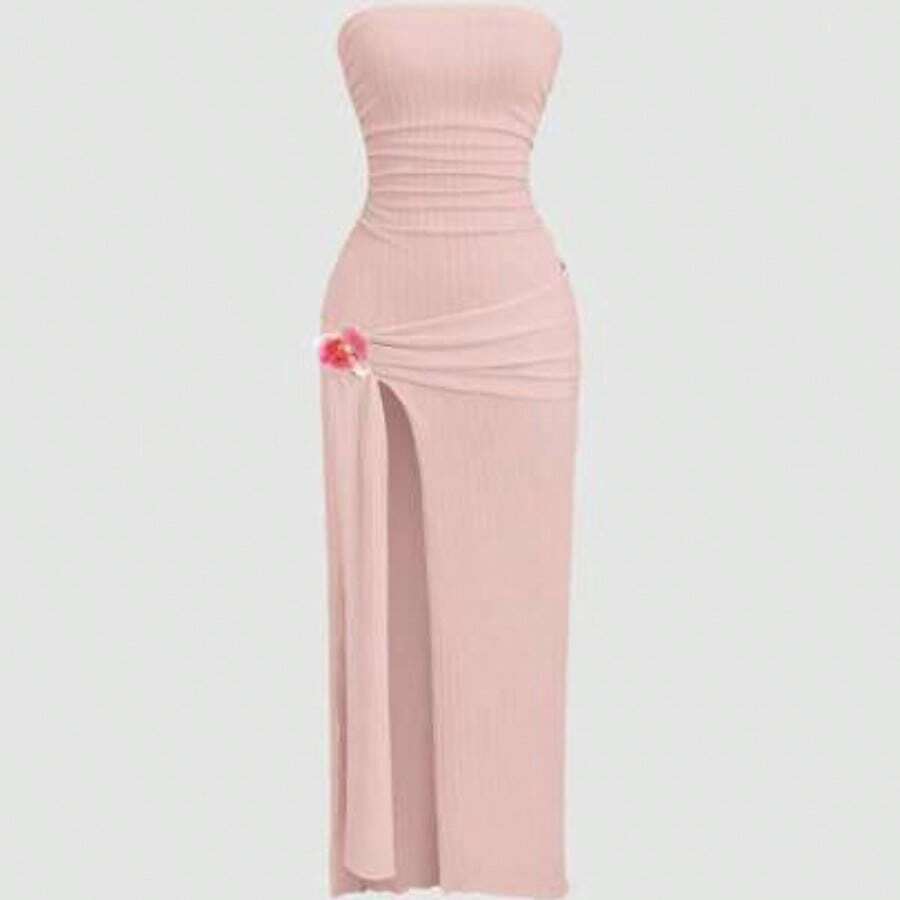 Sweetro Ruched High Slit Bandeau Bodycon Dress, Elegant - Rosa vieja - Ver 1