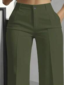Pantalones rectos de mujer de unicolor con botones y bolsillos con cremallera - Verde militar - Ver 2