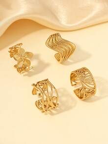 4pcs/Set Stainless Steel Gold 5-Petal Flower Open Ring Set, Suitable For Daily Wear Or As Gift For Friends - Yellow Gold - View 3
