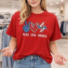 Camiseta de algodón para mujer, talla grande, con estampado de Paz, Amor y América, de manga corta, cuello redondo, estilo casual, con diseño patriótico, corte holgado, ideal para el verano, 100% algodón, cómoda y básica, estilo 4 de julio, Día de la Independencia. Adecuada para primavera, verano y otoño. - Rojo - Ver 7