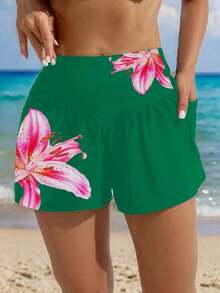 Shorts de Playa Holgados para Mujer Swim Lushoire con Estampado de Flores de Lirio y Bolsillos, Ideales para Vacaciones de Verano - Verde 2 - Ver 1