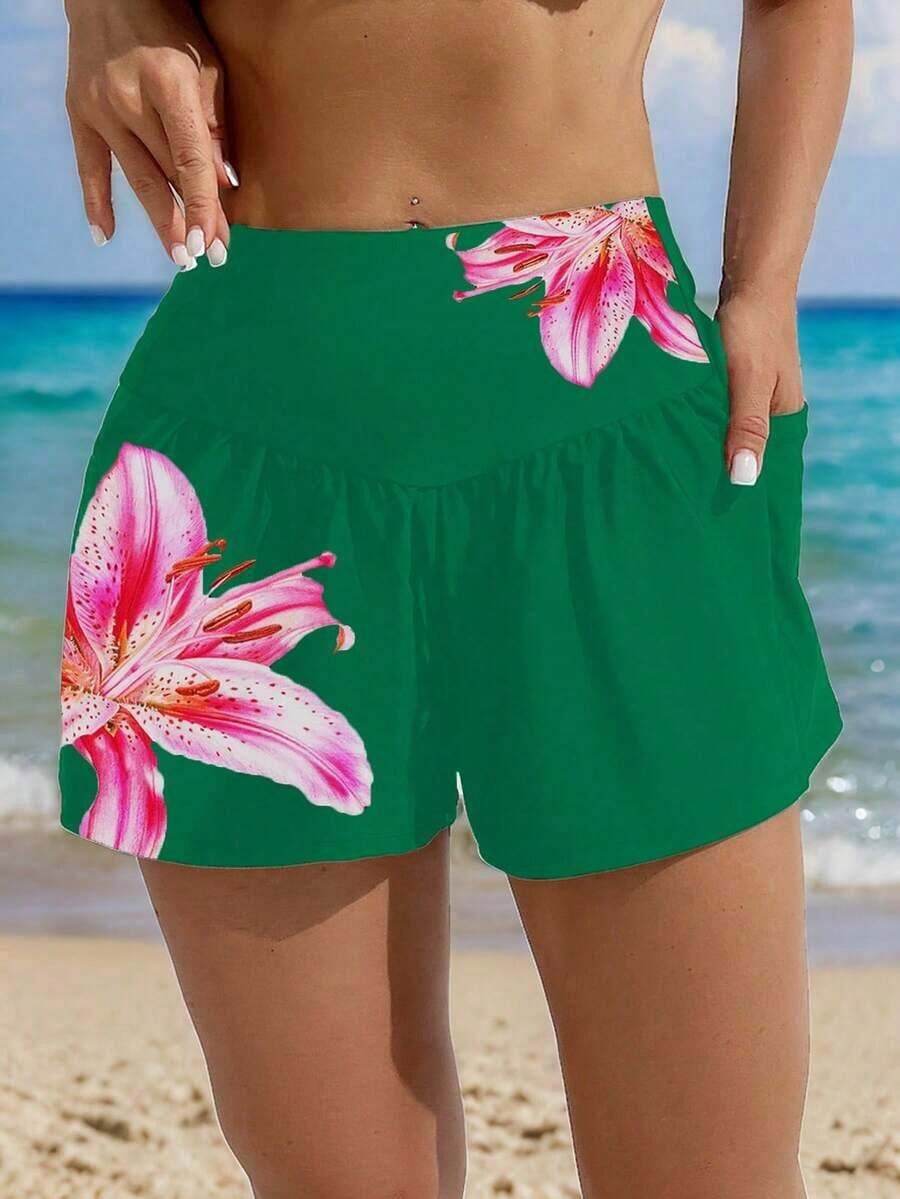 Shorts de Playa Holgados para Mujer Swim Lushoire con Estampado de Flores de Lirio y Bolsillos, Ideales para Vacaciones de Verano - Verde 2 - Ver 1