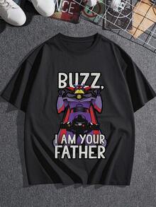 El estampado muestra a un poderoso robot galáctico que levanta los brazos proclamando Buzz I am your father" simbolizando humor y la conexión entre tecnología y imaginación perfecta para fans de la ciencia ficción camiseta de mujer  suave y cómoda para uso diario - Negro - Ver 3
