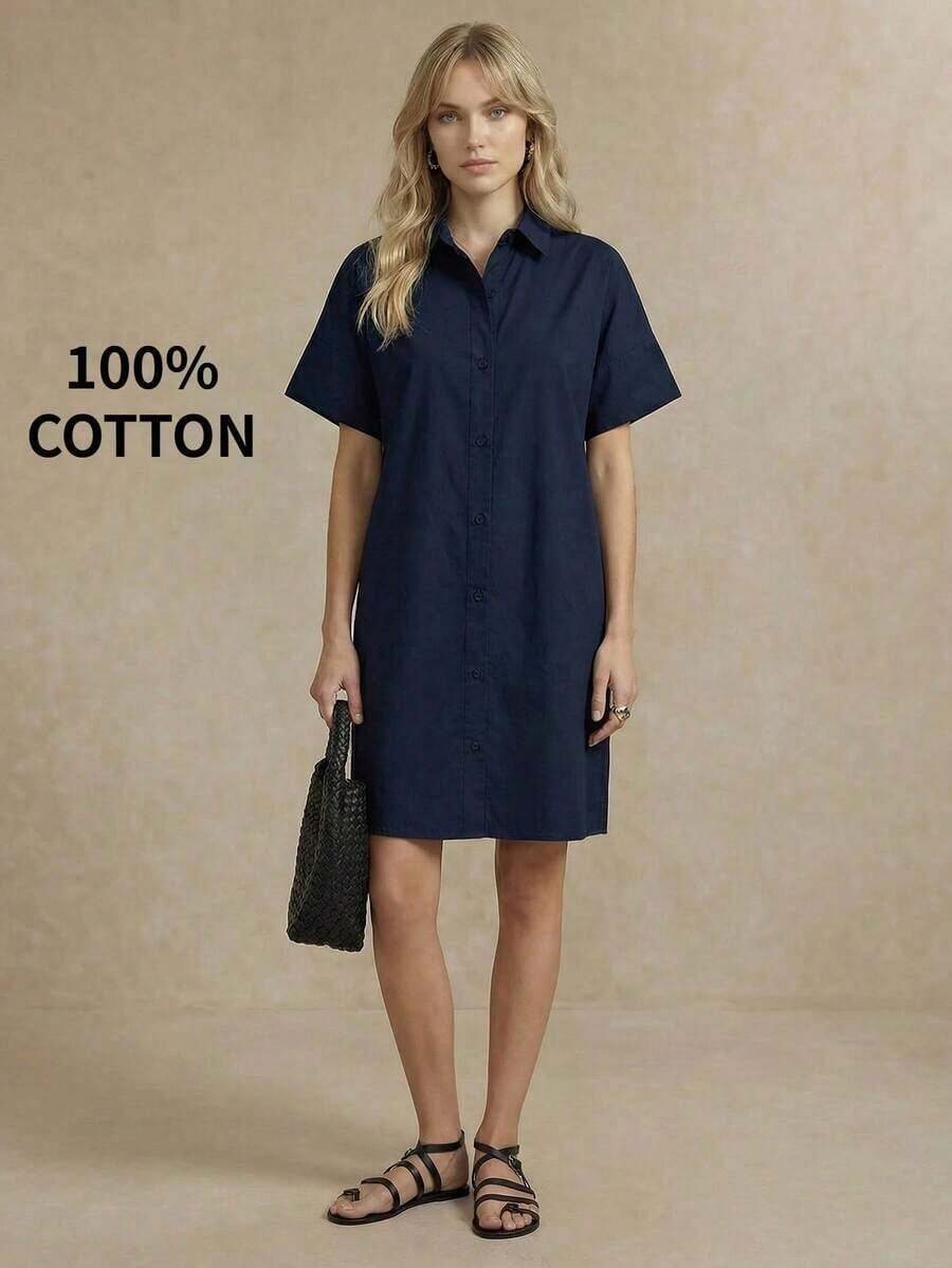 Vestido de algodón holgado de unicolor con cuello alto y botones delanteros para mujer, estilo minimalista básico para uso diario, ir al trabajo, vestimenta casual de negocios y atuendo de oficina - Azul marino - Ver 1