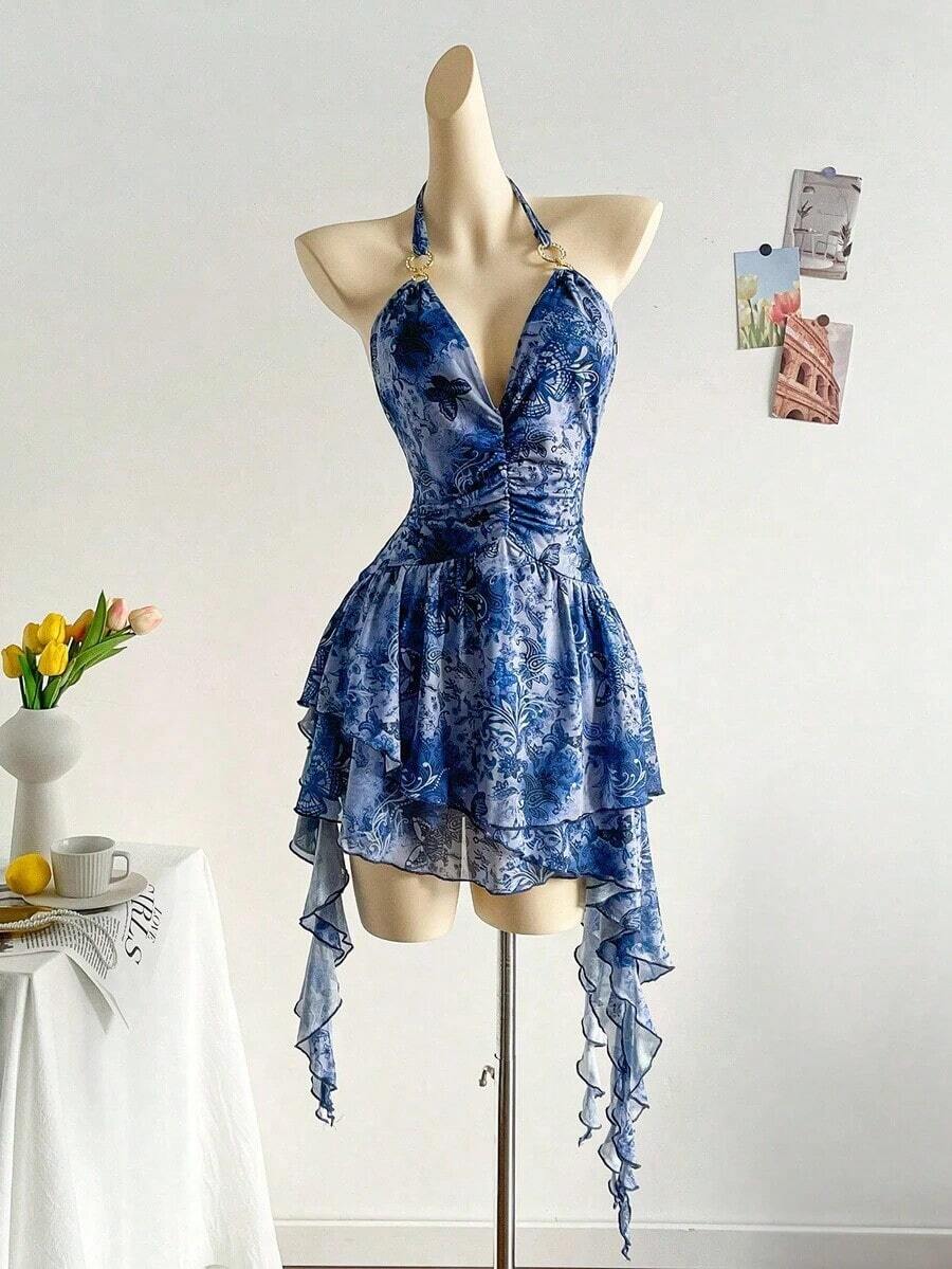 Vestido azul impreso de malla de punto con escote de halter romántico de vacaciones para mujeres - Azul - Ver 1