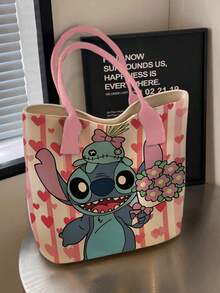 Disney 迪士尼史迪奇卡通印花手提包，适合女性日常购物、聚会、与朋友外出，日式帆布手提包，大容量通勤包，男女通用学生休闲通勤手提包，适合返校季 - 彩色 - 查看 10