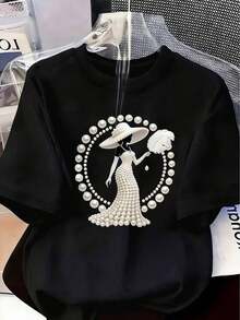 Women's Pink T-Shirt With 3D Floral Print And Pearls, Round Neck, Short Sleeve, Slim Fit, Casual Style For Spring Summer - Unisex Vintage Urban Style, Short Sleeve Cotton T-Shirt With Round Neck - 黑色 - 查看 1