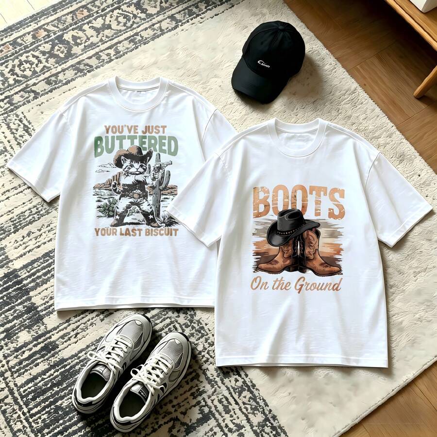 2-Piece Couple Matching Pattern T-Shirt, 100% Cotton, Loose Fit, Soft And Breathable, Casual Round Neck Short Sleeved Top You've Just Buttered Your Last Biscuit Boots On The Ground Versatile Patterns No Picky Combinations Coordinated Dating Casual Travel Simple And Cartoonish Printing Styles High - 白色 - 查看 1