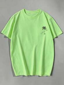 2026 Spring/Summer New Arrival: Men's White Short Sleeve T-Shirt - Palm Tree Print Fitted T-Shirt, Vacation Travel Beach - Fruit Green - View 8