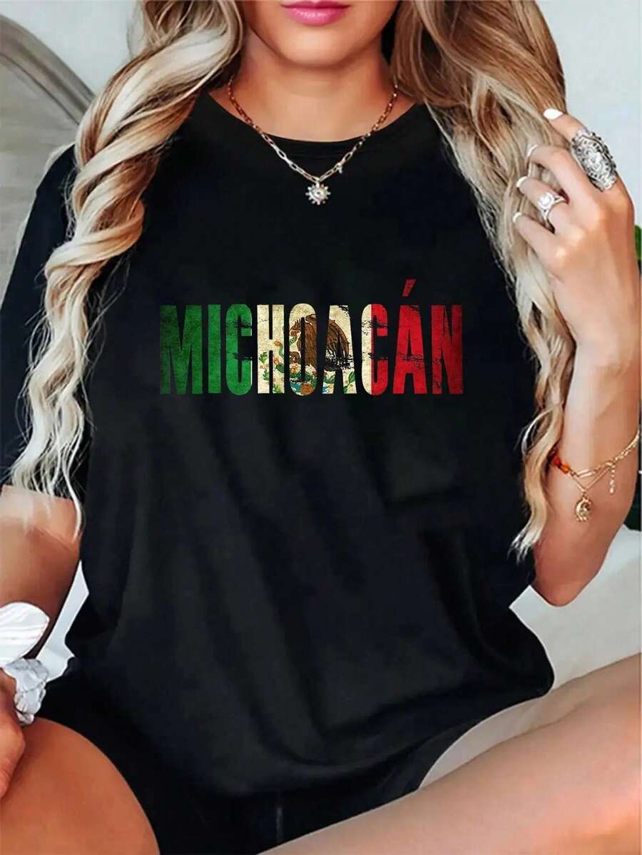 Camiseta Unisex 100% Algodón con Estampado Gráfico de la Bandera Mexicana de Michoacán, Estilo Casual BZNO - Negro - Ver 1