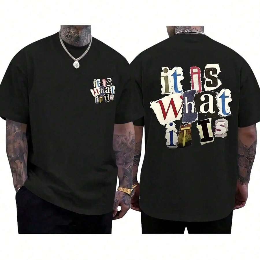 Camisetas Gráficas Oversize para Hombre, Camiseta con Estampado 'Es Lo Que Es', Estilo Vintage Streetwear, Camisetas Holgadas Grunge de Estilo Rapero 8VGP - Negro - Ver 1