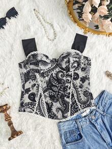 Y2K Vintage Lace Trim Wide Strap Corset Top - Black - View 8