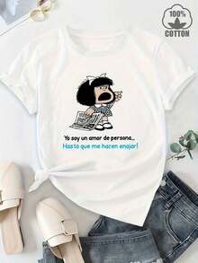 Women's Mafalda Graphic T-Shirt - 100% Cotton, Casual Streetwear With Fun Cartoon Print, Crew Neck And Short Sleeves, Machine Washable For Everyday Comfort, Cute T-Shirts, Breathable Summer Top, Humorous Design, Non-See-Through Fabric, Relaxed Fit, Soft Material, Printed Shirt, For Fashion Lovers - 白色 - 查看 6