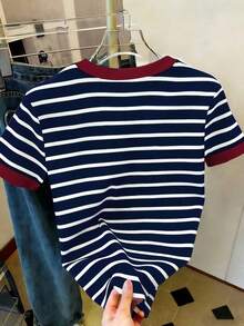 Camiseta de manga corta de rayas y bloques de color casual, de verano - Azul - Ver 2
