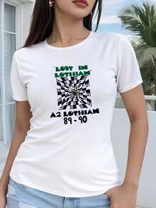 Camiseta de diseño estampado casual 100% algodón para mujer, camiseta lavada 100% algodón, estilo regular de manga corta para mujer - Dibujo geométrico 2D: Personaje de dibujos animados perdido en un laberinto de tablero de ajedrez A2Lothian89-90. Top casual de manga corta y cuello redondo, adecuado para todas las estaciones, disponible en varios colores y tallas, moda festiva, estética retro, material transpirable, estampados divertidos, conjuntos de verano 2026 para mujer, ropa urbana para mujer, ropa de verano de estilo caprichoso, conjuntos diarios para mujer, adecuado para primavera, verano y otoño. - Blanco - Ver 1