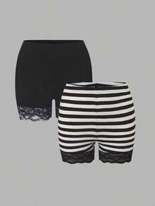 Conjunto de 2 Piezas de Leggings de Encaje en Contraste para Mujer Talla Grande, Verano - Multicolor 2 - Ver 1
