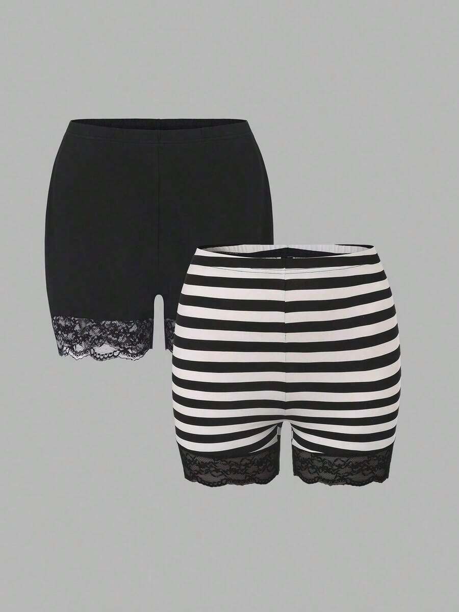 Conjunto de 2 Piezas de Leggings de Encaje en Contraste para Mujer Talla Grande, Verano - Multicolor 2 - Ver 1