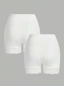 Conjunto de 2 Piezas de Leggings de Encaje en Contraste para Mujer Talla Grande, Verano - Blanco - Ver 2