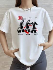 Figuras de acción en movimiento con detalles rojos y estilos urbano modernos que expresan libertad y pasión camiseta de mujer con estampado artisticamente elaborado y simbolos culturales mexicanos integrados en su pelaje - Blanco - Ver 1