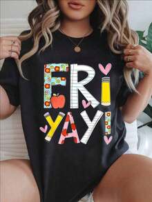 Women's Casual T-Shirt - F R I Y A Y - Summer T-Shirt With Floral Heart And Apple Pencil Print, Round Neck, Machine Washable, Women's T-Shirts, Casual Outfit, Modern Style, Comfortable Fit
Black 100% Cotton Durable - 黑色 - 查看 7