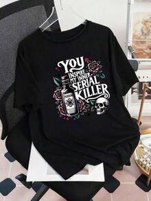 Camiseta casual para mujer, estampado digital de colores vivos, cuello redondo y manga corta, adecuada para uso diario, un regalo versátil.|   Camiseta con Estampado Divertido|   Cómodas y bien ajustadas, adecuadas para el uso diario, blusas de primavera y otoño para mujer. - Negro - Ver 6