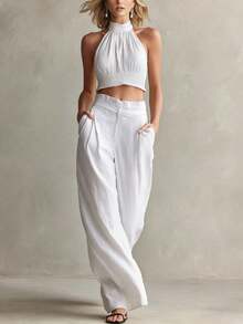 Conjunto de 2 piezas nuevo de moda para mujer, estilo casual, top halter de cuello redondo y espalda descubierta, pantalón largo, perfecto para vacaciones, playa y looks de verano - Blanco - Ver 4