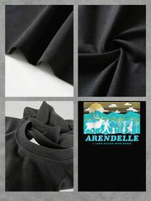 Montañas doradas con nubes y figuras caminando junto a un reno evocan un mundo mágico y aventurero lleno de esperanza y libertad camiseta de mujer  cómoda y suave para uso diario y viajes urbanos modernos - Negro - Ver 4