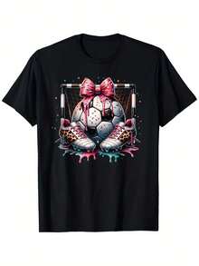 Camiseta estampada de fútbol para mujer, estilo lindo y juvenil. Con diseño de balón y portería, ideal para conjunto deportivo, look de fiesta de cumpleaños, regalo y entrenamiento diario. Tela suave y transpirable, apta para usar todo el año, perfecta para ocaciones casuales y actividades de fútbol - Negro - Ver 2