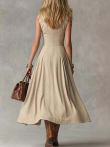 New Spring Maxi Dress For Women, Elegant French Style, Goddess Inspiration, Lapel Collar, Sleeveless, Flattering And Fitted Design, Perfect For Events And Sophisticated Looks - 卡其色 - 查看 2