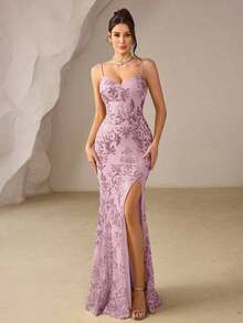 Vestido de noche con abertura alta en el muslo, con lentejuelas y diseño de patchwork, con espalda descubierta y silueta de sirena para mujer - Rosa - Ver 5