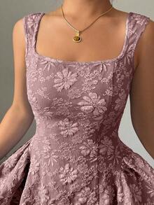 Vestido mini azul de mujer con cuello ancho, sin mangas, cintura recogida y textura de jacquard, elegante y romántico para graduación, baile de graduación, fiesta, festival de música, vacaciones - Rosa vieja - Ver 6