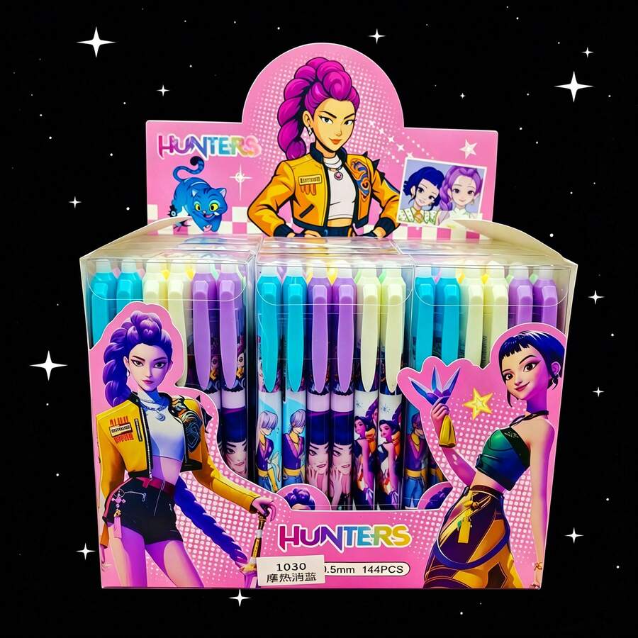Idol Group 12Pcs Hot Erasable Click Gel Pens, Cartoon Print Student Writing Pens, Daily Office & School Stationery, Random Style - Multicolor - View 1