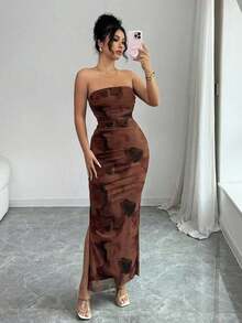 Vestido de elegante de mujer con cintura ceñida, estampado de malla teñida anudada y abertura lateral - Café - Ver 6