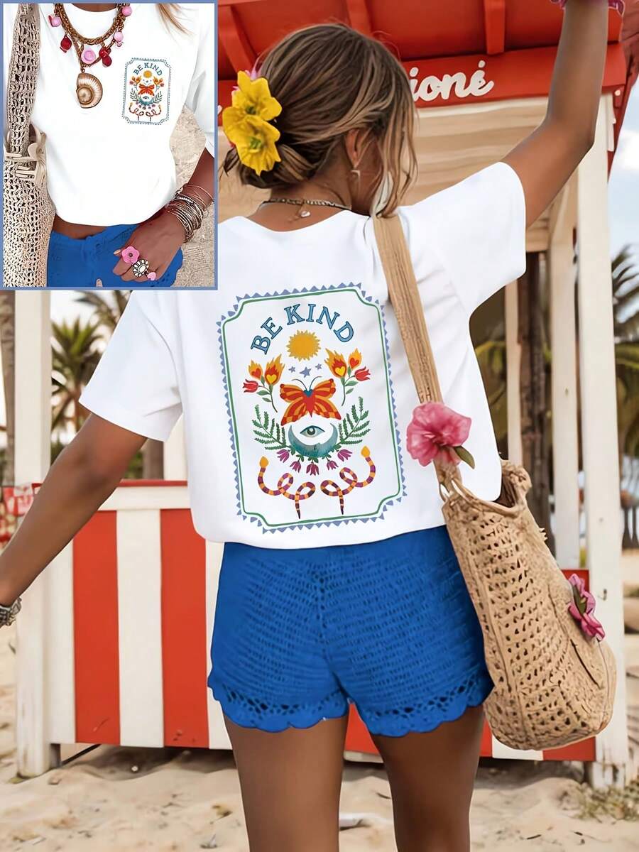 Camiseta de mujer, estilo casual urbano, estampada, de manga corta, blusa linda de verano para ropa de vacaciones de mujer, ropa de verano para mujer, atuendo de primavera para mujer, blusa para mujer - Camiseta vintage de estilo urbano unisex, holgada, de algodón, de manga corta y cuello redondo, blusas para mujer. blusas.blusas casuales para dama. - Blanco - Ver 1