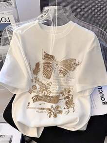 Camiseta de mujer con estampado de mariposas de estilo vintage, camiseta casual de manga corta con cuello redondo, adecuada para uso diario - Camiseta unisex de algodón holgada de manga corta con cuello redondo estilo vintage para mujer. blusas.blusas casuales para dama. - Blanco - Ver 6
