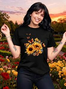 Camiseta de mujer con estampado floral de girasoles y mariposas, cuello redondo, manga corta, adecuada para vacaciones, fiestas de cumpleaños, un regalo dulce y lindo para mujeres, casual, elegante y con estilo - Camiseta de manga corta de algodón holgada unisex estilo vintage para mujer. blusas.blusas casuales para dama. - Negro - Ver 6