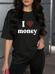 Camiseta de manga corta para mujer, con estampado de letras divertidas "I ❤️ money", combinación de corazón y letras gruesas, cuello redondo, ideal para uso diario casual. - Negro - Ver 1