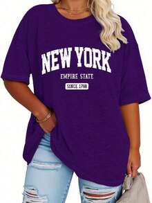 Plus Size Women's Mid-Length Short-Sleeve T-Shirt, Casual And Loose Style, With "New York" Letter Print On The Round Neck - 紫色 - 查看 1