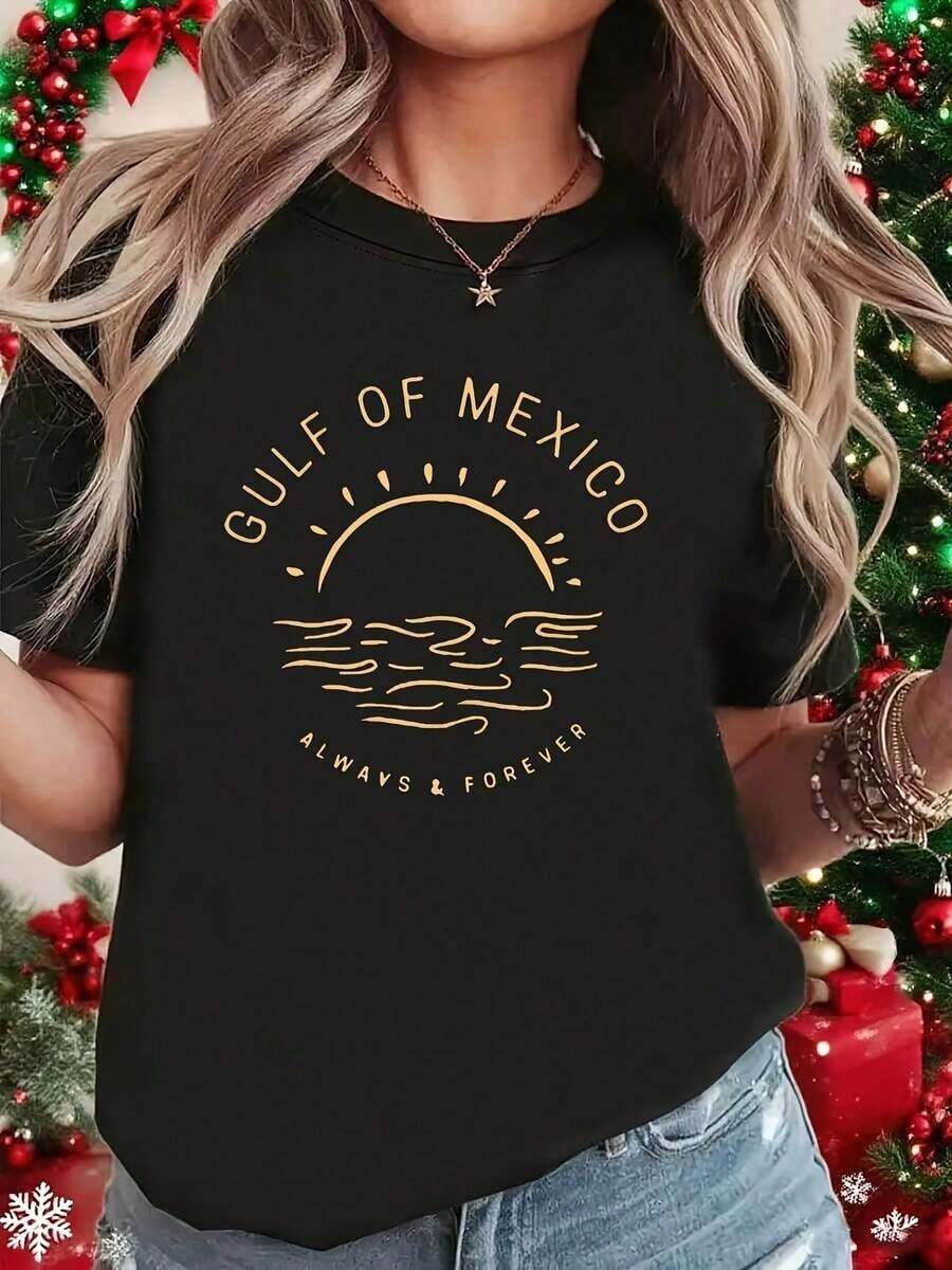 Women's T-Shirt With A Creative "Always And Forever" Letter Print, Featuring A Sunset, Waves, And Summer Vacation Vibe. This Black, Short-Sleeved, Crew-Neck T-Shirt Is Perfect For Holiday Parties. - 黑色 - 查看 1