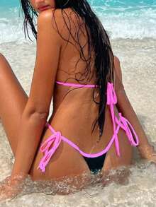 Solid Color Sexy Lace-Up Contrast Trim Bikini Set, Suitable For Beach Vacation Summer - Dark Green - View 6