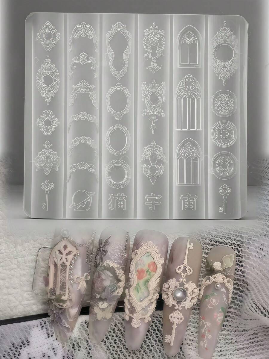 1 khung họa tiết hoa cổ điển, giá nến phong cách Baroque, khuôn silicon trong suốt tự làm để trang trí móng tay 3D. - Trong sáng - Xem 1