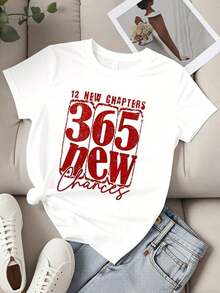 Camiseta de Cuello Redondo para Mujer, Estampado '12 Nuevos Capítulos 365 Nuevas Oportunidades', Manga Corta, Casual, Uso Diario, Camiseta Gráfica Motivacional para Mujer, Blusas para Mujer - Blanco - Ver 3