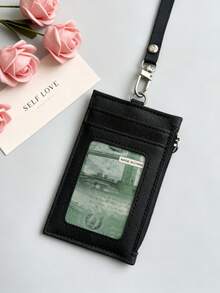 Tarjetero de piel sintética PU con múltiples ranuras para tarjetas, cordón y monedero con cremallera, estuche para tarjeta de identificación de estudiante/trabajo unisex - Multicolor - Ver 3