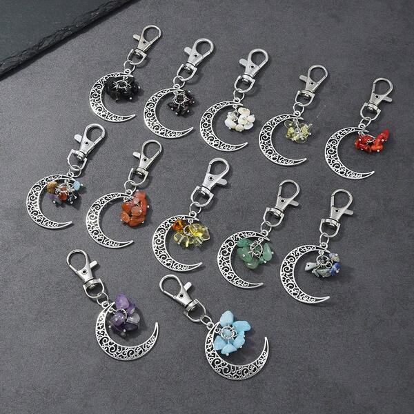 12 Stück sortierte natürliche asymmetrische zerkleinerte Stein Kristall Schlüsselanhänger, Mond Legierung Anhänger, Lapislazuli & Amethyst Anhänger Accessoires, Zufällige Farbe